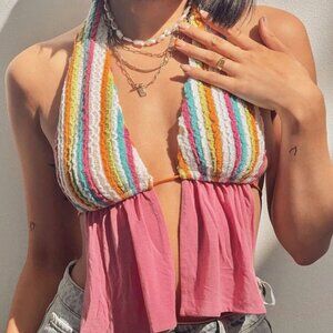 Jaded London Halter Tank Top plunge crochet striped womens Pink size 4 festival